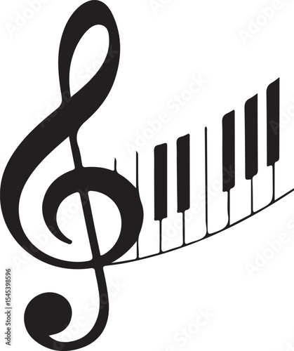 Artistic black treble clef merged with piano keys in a vector illustration