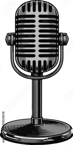 Classic retro microphone isolated on white background for broadcasting and audio recording.
