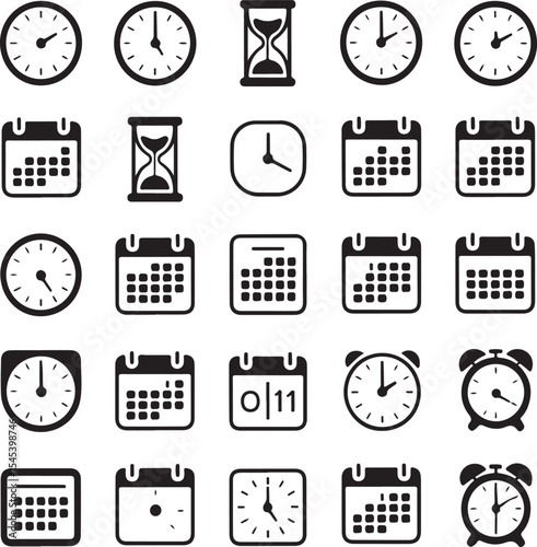 Collection of black and white clocks calendars and hourglass symbols for time management