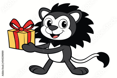 Cheerful cartoon lion with a present walks happily, ready to share good times