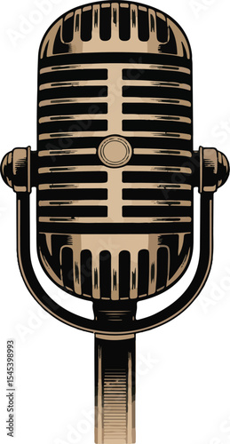 Vintage microphone illustration gold and black design for podcasts recording music and radio