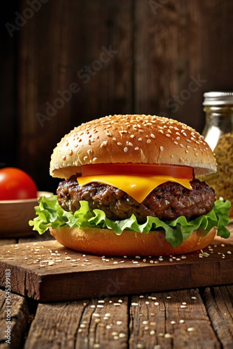Appetizing Burger with Fresh Ingredients in Restaurant Kitchen