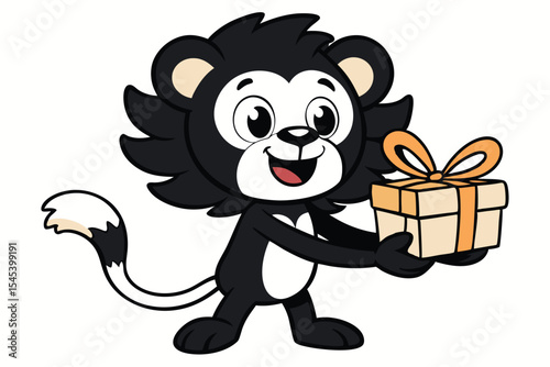 Cartoonish cheerful lion happily presents a wrapped gift with a bright smile today