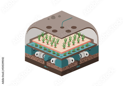 Illustrative diagram showcases layered hydroponic farm system  Clear modern design highlights the water circulation and plant growth within a controlled environment  