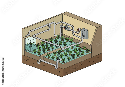 Isometric illustration of a modern hydroponic farm. Clear, detailed design showcases a controlled growing environment with pipes and plants. Ideal for tech, agriculture, and sustainable concepts.