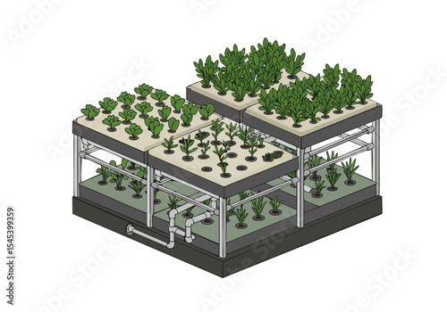 Isometric illustration of a multi-tiered tray grow system. Clean, modern design showcases vertical hydroponic gardening. Ideal for health, sustainability, and urban farming visuals.