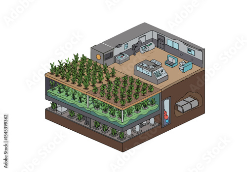 Isometric illustration of a futuristic Layer Farm, showcasing integrated hydroponic gardens and a control room. Clean, modern design with a focus on sustainable technology and a layered aesthetic.