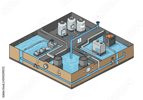 Isometric illustration of a water recycling plant. Detailed pipes, tanks, and filtration systems showcase a sustainable water management process. Clean, modern design.