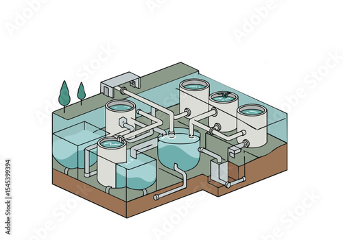 Isometric tank process illustration clear modern diagram showcases a wastewater treatment system with multiple tanks and pipes Clean lines and a muted color palette c