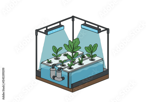 isometric illustration showcases modern LED grow system with thriving plants Clean lines and a blue water reservoir highlight efficient indoor gardening 