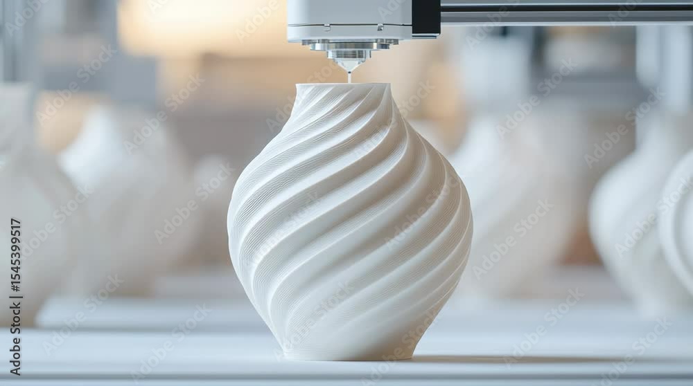 A 3D printer is creating a white, twisted vase in focus with similar objects blurred in the background. Technology and design concept