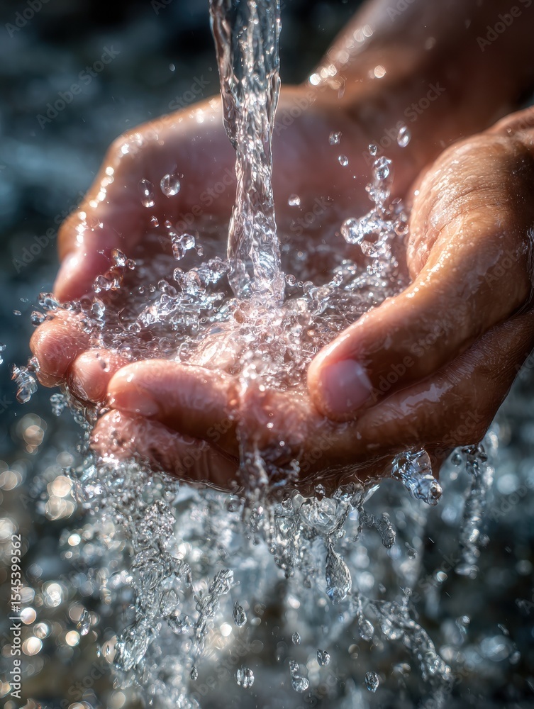 Fototapeta premium Two hands are being rinsed under a stream of clear water, highlighting the importance of hygiene and fresh sensations. Generative AI