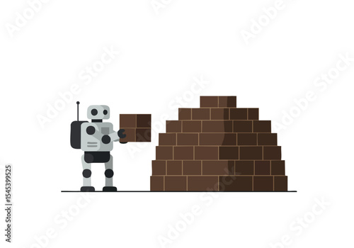 A robot carefully stacks bricks to build a tower. Clean, minimalist illustration with a modern style. Suitable for tech, construction, and automation themes.