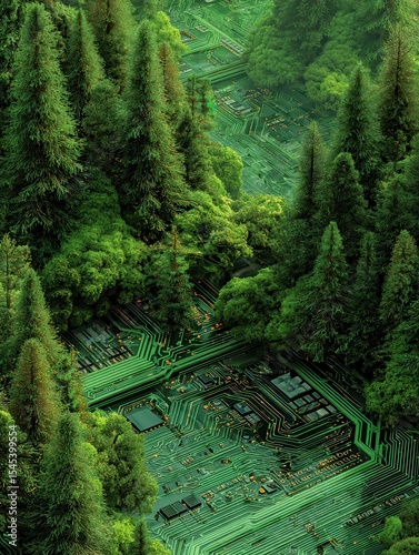 A vibrant green forest blends with technological circuitry, symbolizing the fusion of nature and technology.
