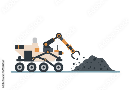 A robotic arm scoops rock from a pile on a wheeled rover. Modern, flat design illustration. Clean, graphic style.