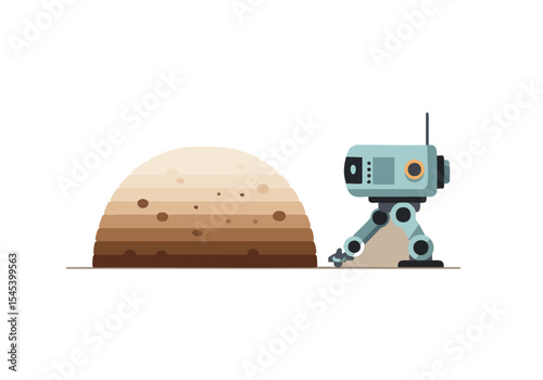 A robotic explorer examines a layered Martian landscape. Clean, flat design with a muted color palette. Ideal for tech, space, and futuristic concepts.