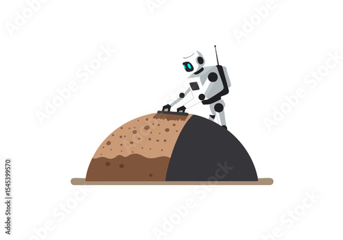 A robotic astronaut meticulously smooths a lunar surface with a brush. Clean, modern illustration style. Focus on texture and detail.