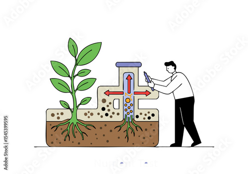 A scientist analyzes nutrient flow in a plant root system. Detailed illustration showcasing plant health and research. Clear, informative, and visually appealing.