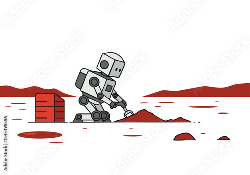 A robotic figure diligently builds a dome on Mars, showcasing a futuristic construction scene. Minimalist design, vibrant red landscape, and a sense of isolation.