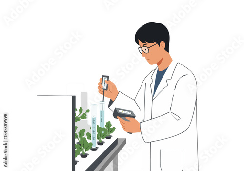 A scientist in a lab coat analyzes water with a device, surrounded by plants and test tubes. Focus on scientific research and water quality.