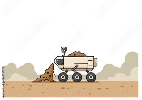 A stylized rover collects dust on a Martian landscape. Clean lines, muted colors, and a minimalist design create a modern, appealing illustration. Perfect for space, technology, or design projects.