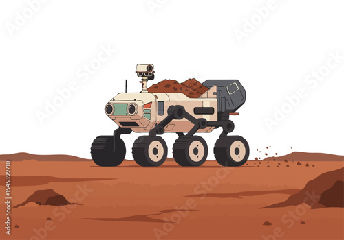 A stylized rover, 'Nav Deliver,' delivers cargo on Mars. Clean lines, modern design, and a warm color palette create a visually appealing and commercially viable illustration.