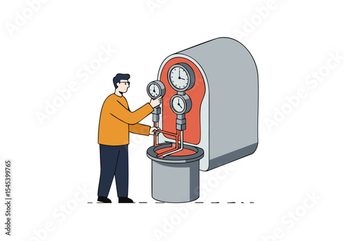 A technician monitors pressure gauges on a large industrial testing unit. The illustration depicts a professional setting with a focus on precision and measurement. Clean, modern style.