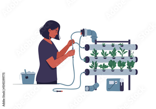 A woman installs a hydroponic system, showcasing a modern indoor garden setup. Clean lines and a bright, minimalist aesthetic. Ideal for illustrating sustainable living and urban farming.