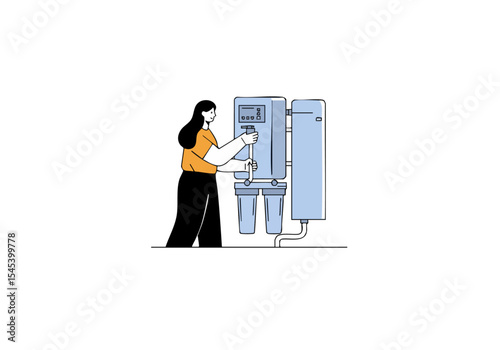 A woman installs a water purifier system. Clean, modern illustration with a focus on functionality and a professional setting. Simple, graphic style.