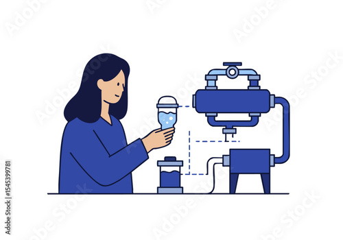 A woman inspects a water filtration system, optimizing flow. Clean lines and a modern aesthetic highlight the process. Suitable for business, technology, and efficiency themes.