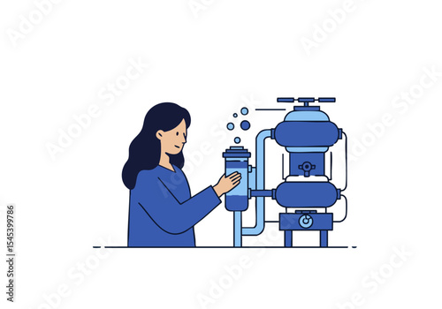 A woman adjusts a flow control system, optimizing liquid flow. Modern industrial setting. Clean lines, blue tones, professional focus.
