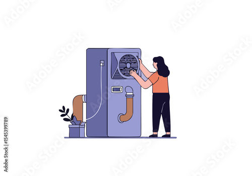 A woman installs an air conditioner, showcasing a clean, modern setup. The illustration highlights a straightforward installation process with a focus on functionality and design.