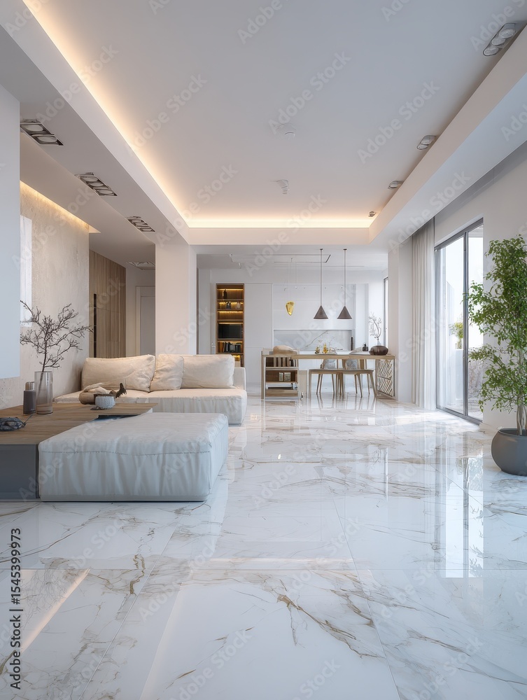 Fototapeta premium Minimalist interior design for a living room, marble flooring with a white false ceiling, indirect light and spot lights, modern furniture, open space living area with a dining table in the back.
