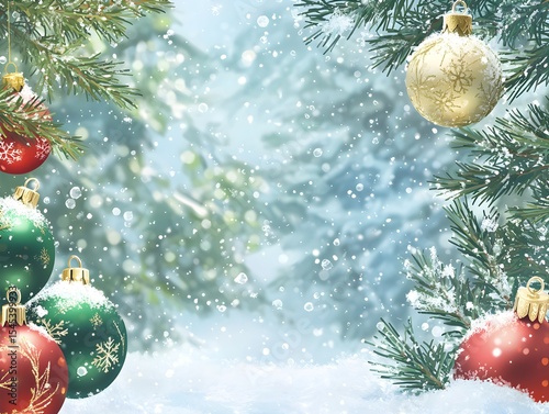 Photo of colorful Christmas ornaments and pine branches in a snowy winter landscape with falling snowflakes