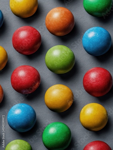 Colorful candy balls are arranged on a gray-black paper background in the format of a horizontal