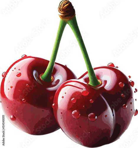 Juicy red cherries with water droplets isolated on white background for creative designs