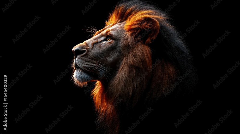 Fototapeta premium Lion profile, head and mane illuminated