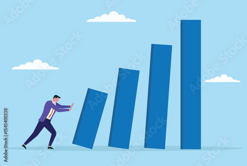 Vector illustration of a businessman attempting to push and discard a bar graph, symbolizing the fight against poor results, overcoming obstacles, and rejecting negative business trends

