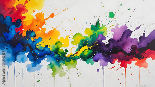 Abstract watercolor splatters and drips in a rainbow of vibrant colorful hues