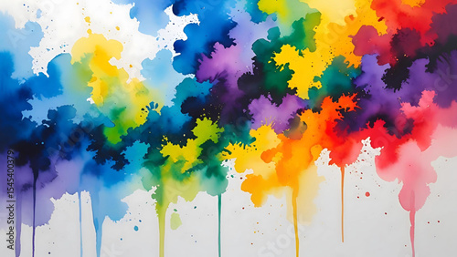 Colorful abstract watercolor splashes and drips with a vibrant palette on white background