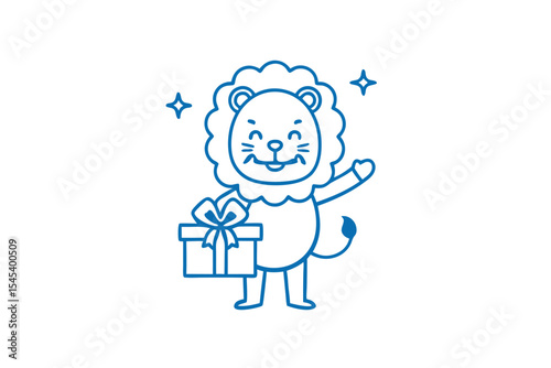 Happy cartoon lion holding gift waves cheerfully with two shining stars around him