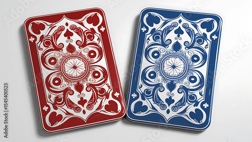 Elegant backs of playing cards in red and blue displaying intricate ornate designs