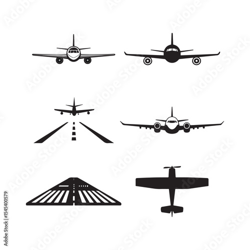Airplane and runway icon set, aviation silhouette illustrations for flight training, travel apps, pilot education