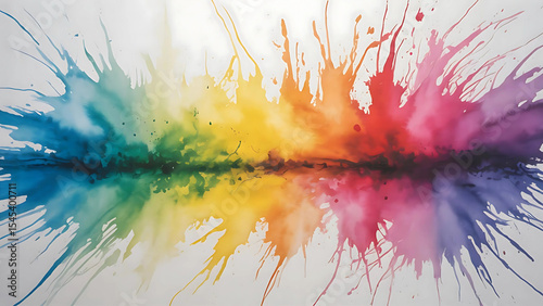 Vibrant abstract watercolor splatter painting with a dynamic and colorful rainbow spectrum