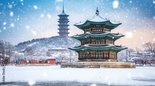 Wallpaper Mural A serene winter scene features a traditional Asian pagoda amidst snowfall, with a distant tower in the background, Ideal for travel blogs, promotional materials, or cultural articles, Torontodigital.ca