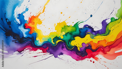 Vibrant watercolor splashes in rainbow colors creating artistic abstract composition