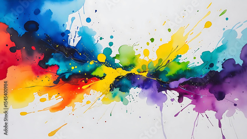 Vibrant watercolor splatter with rainbow color palette on a white background