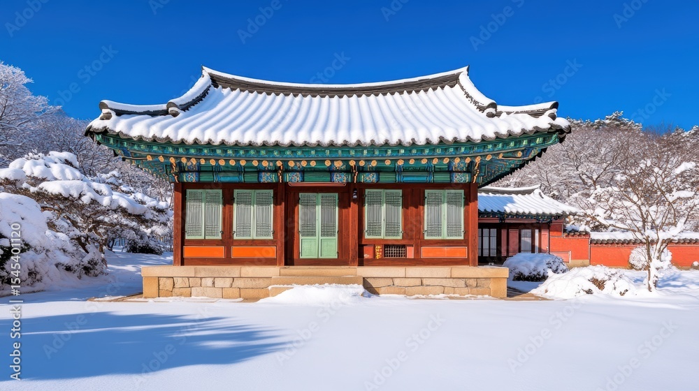 A traditional Asian building covered in snow, surrounded by winter landscapes under a clear blue sky, This serene image is ideal for winter tourism promotions, cultural articles A traditional Asian building covered in snow, surrounded by winter landscapes under a clear blue sky, This serene image is ideal for winter tourism promotions, cultural articles