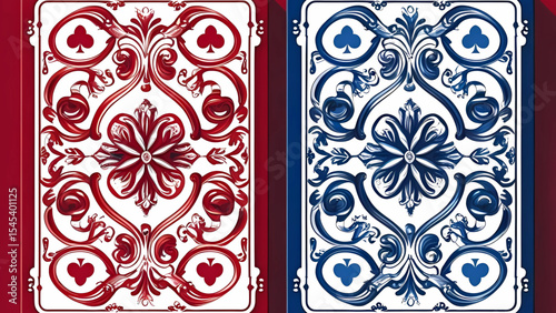 Artistic playing card backs design featuring elaborate floral swirls and decorative elements