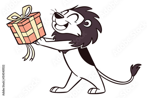 Happy cartoon lion happily holds a pink and cream gift box in its paws